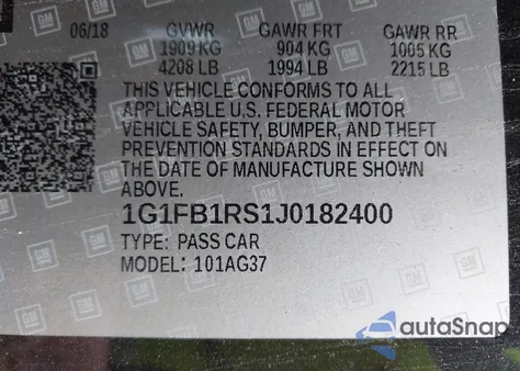 2018 Chevrolet Camaro 1Lt from USA, damaged, VIN 1G1FB1RS1J0182400